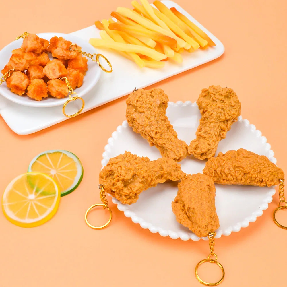 PVC Rubber Chicken Nuggets Keychain Simulation Food Key Chains Fried Chicken Leg Chicken Wing Keychain for Bags Charm