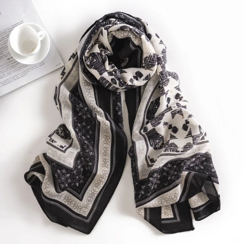 Cotton and Linen Polyester Scarf Women Fashionable Air Conditioned Room Shawls Printed Sun Protection Beach Towels Retro Scarves