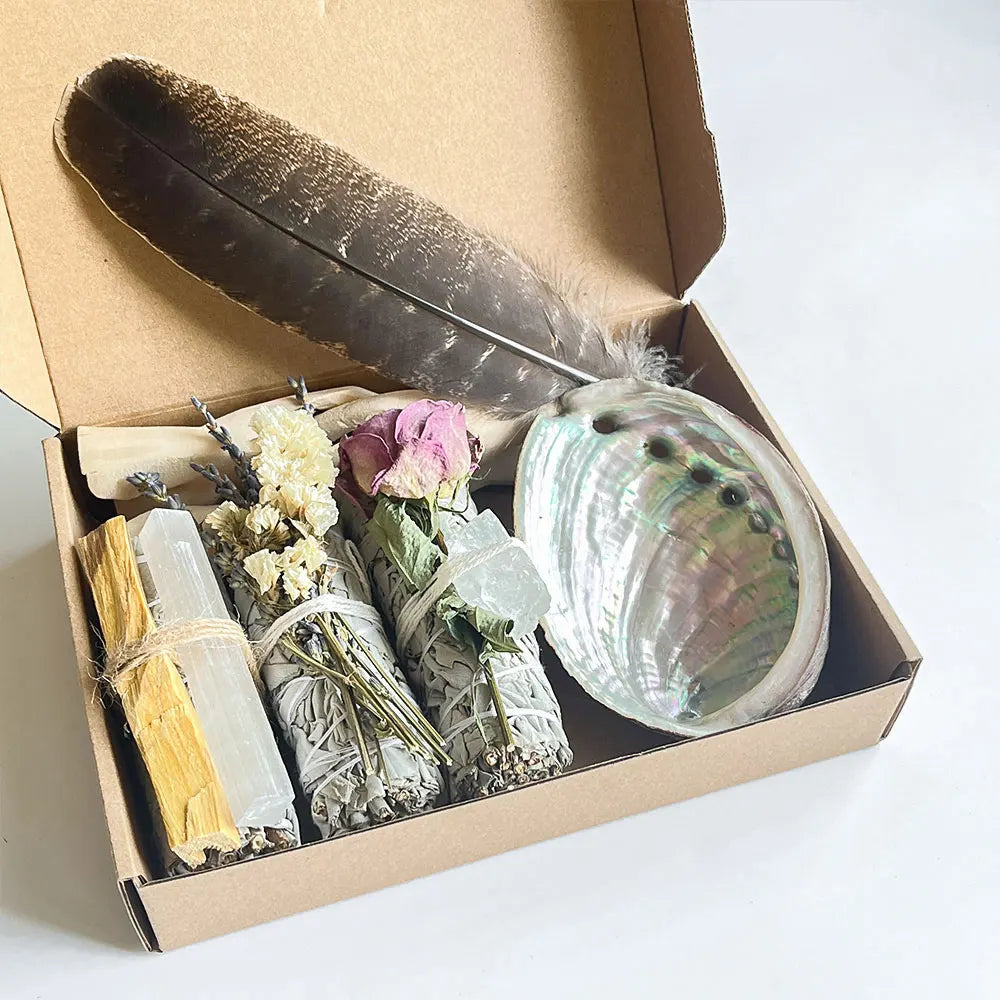 Sage Smudge Kits and Palo Santo Gift Sets White Sage Sticks Bundle Selenite Rose Lavender With Pearl Abalone Wood Stand Feather