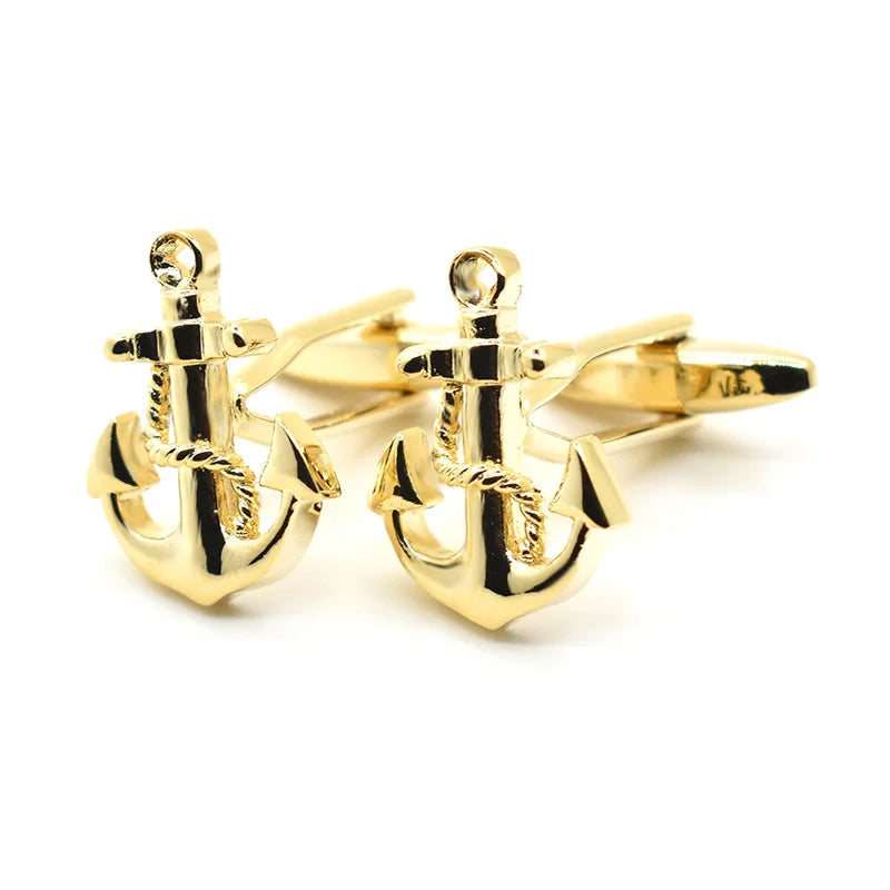 Wholesale Gold Ship Anchor Novelty Cufflink Custom Mens Suit Shirt Fashion Accessory Wedding Tuxedo Trendy Jewelry Gift Set