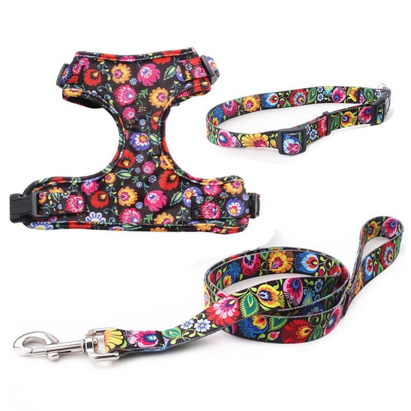 Luxury Velvet Corduroy Adjustable Pet Dog Collar Leash Harness Set Custom Padded with Cute Flower Heavy Duty for Puppies