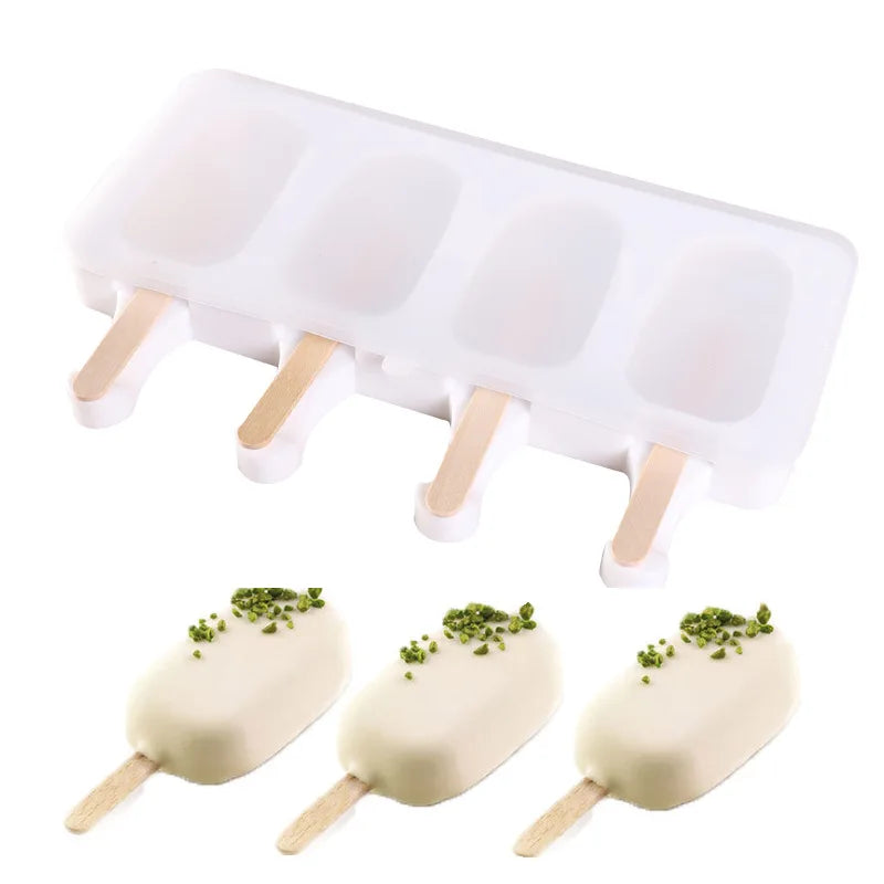 DIY Silicone Ice Pop Molds 4 Cavities Homemade Cake Pop Mold Oval Popsicle Maker with 10 Wooden Sticks