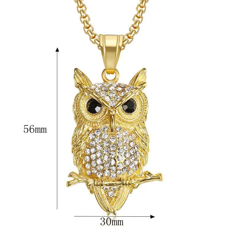 Fashion Stainless Steel 18k Gold  Iced Out Owl Pendant Necklace Hip Hop Men Jewelry