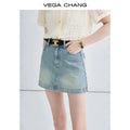 VEGA CHANG Stylish Vintage  Washed Finish A- Line Silhouette Versatile for Daily/Party Looks High - Waisted Denim Mini Skirt