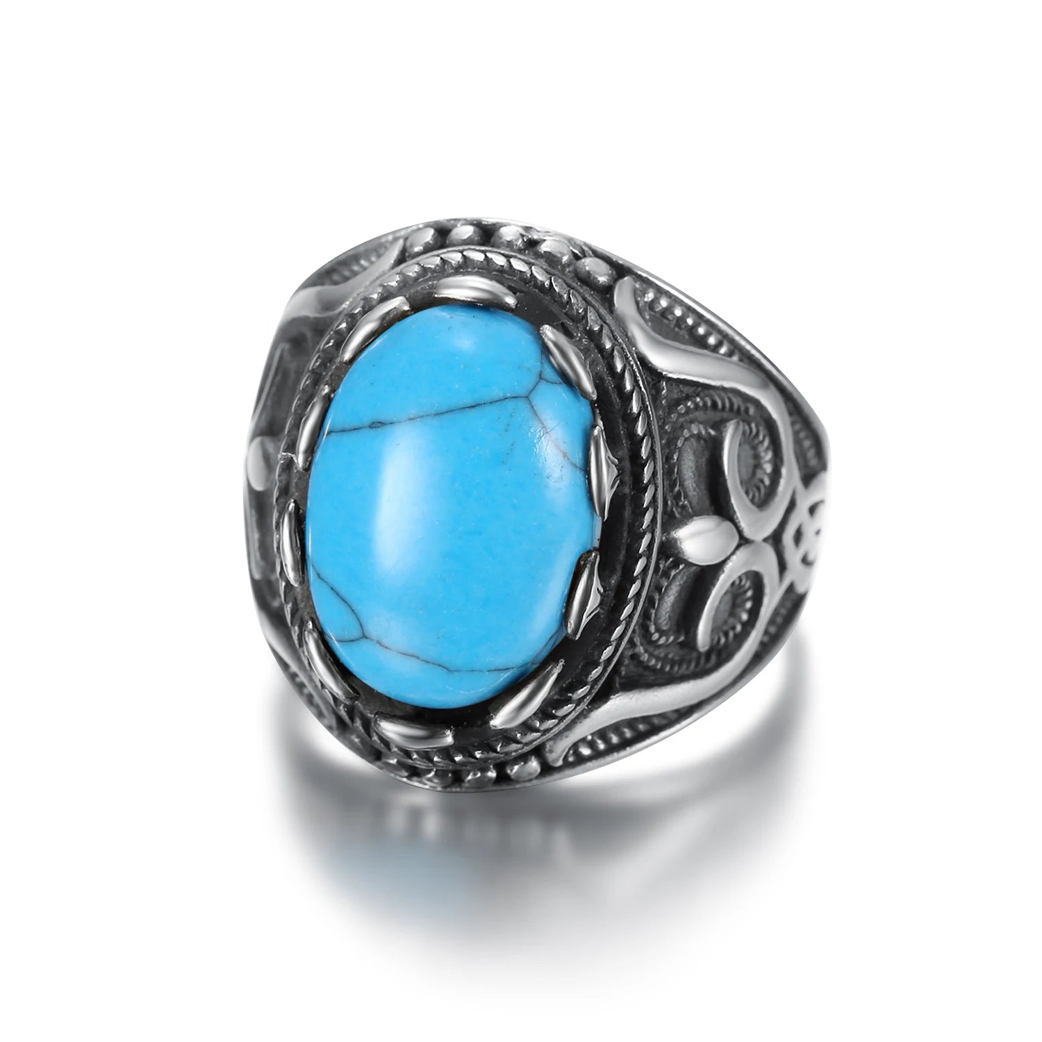 Vintage Men's Stainless Steel Turquoise Gemstone Tiger Eye Stone Ring Classic Tulip Flower Pattern Hiphop Rock Ring Man
