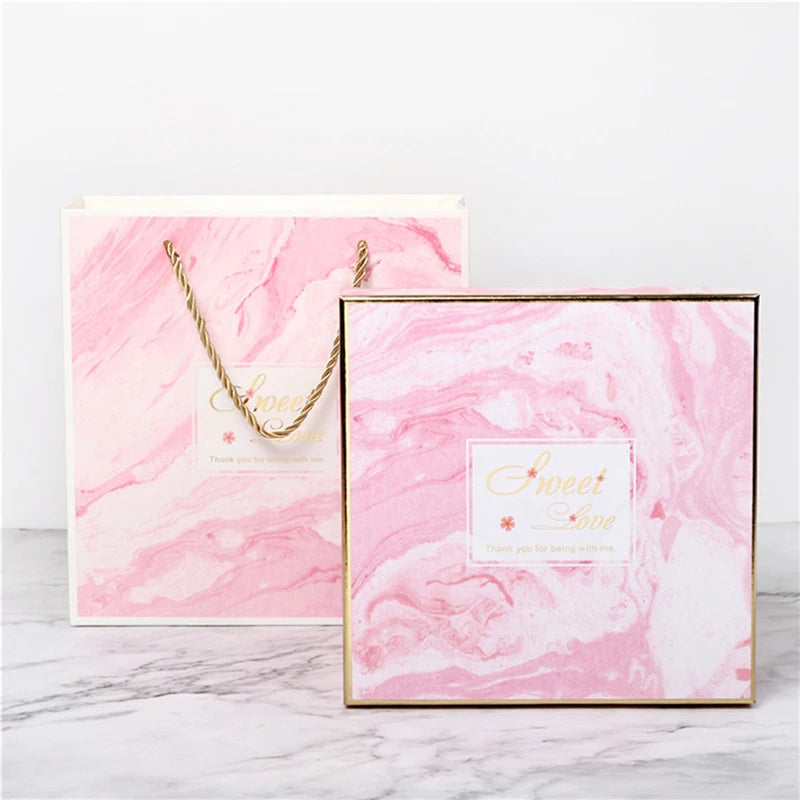 Luxury Birthday Gift Packaging Cardboard Cosmetic Packaging Box Marble Grain Customized Gift Box With Bag