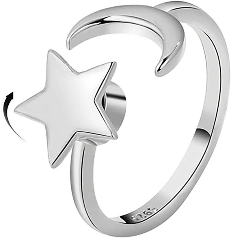 Women's Fashionable Anti-Anxiety Spinner Fidget Ring Moon Star Inlay Adjustable Silver Gold Copper Rings Classic Style