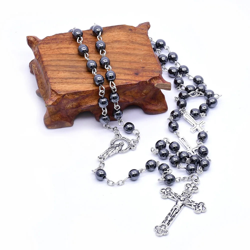 Hot Selling 6mm Non-magnetic Black Hematite  Cheap Catholic Rosary Beads Necklace