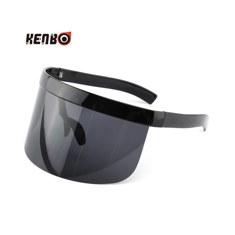 Kenbo 2020 Vintage Oversized Shield Visor Sunglasses White PC Frame Windproof Eyewear for Women and Men with Flat Shades