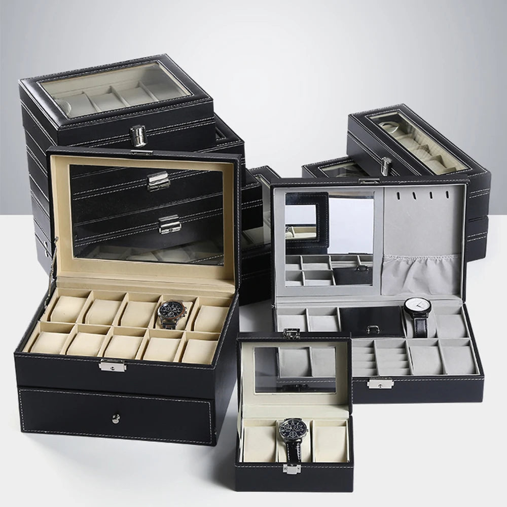 Wholesales 12 Slots Watch Box with Cover Open Window Display Watch Display Box Storage Wrist Watch Leather case Jewelry case