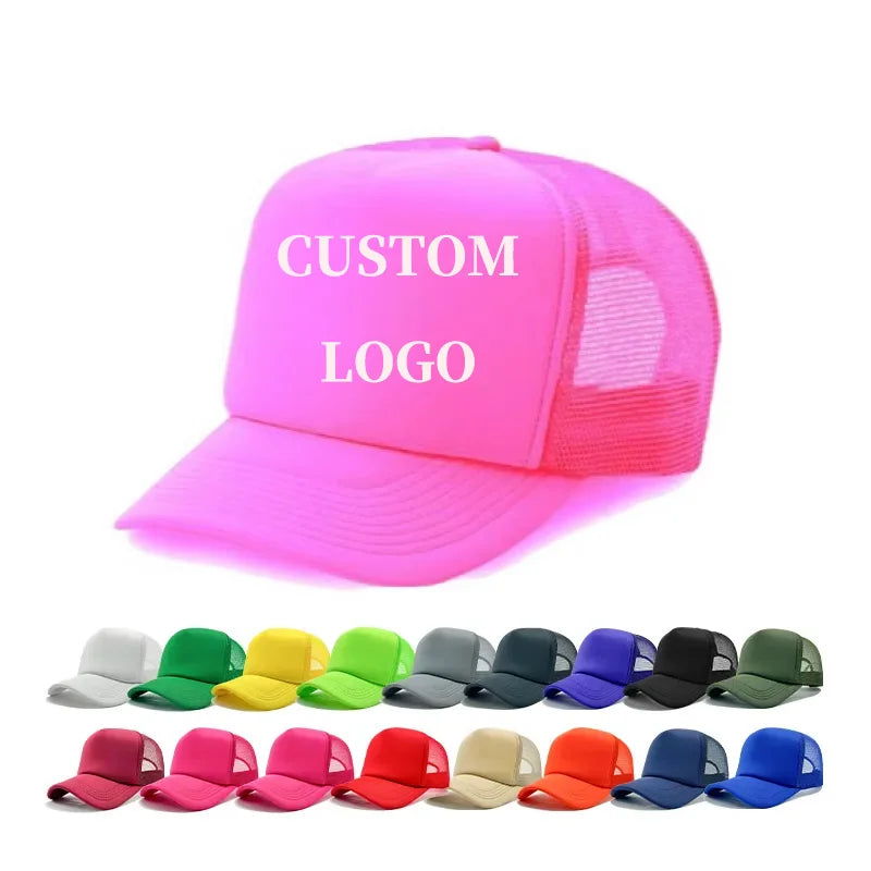 Manufacturer Custom Embroidery Printed Logo Plain Blank Neon Men 5 Panel Foam Mesh Trucker Hat Cap