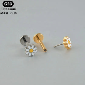 ASTM F136 Titanium Threadless Labret Ear Helix Tragus Daisy Flower Flat Back Push-in Earring Piercing Jewelry