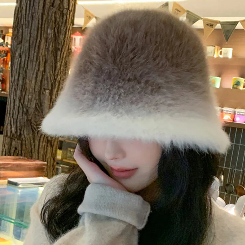 High Quality Wholesale Women's Winter Rabbit Felt Fur Plush Caps Soft Warm Casual Fishing Bucket Hat
