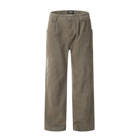 Wholesale Solid Blank Mid Rise Cotton Casual Regular Straight Washed Breathable Woven Wide Leg Jean Cargo Pants Men
