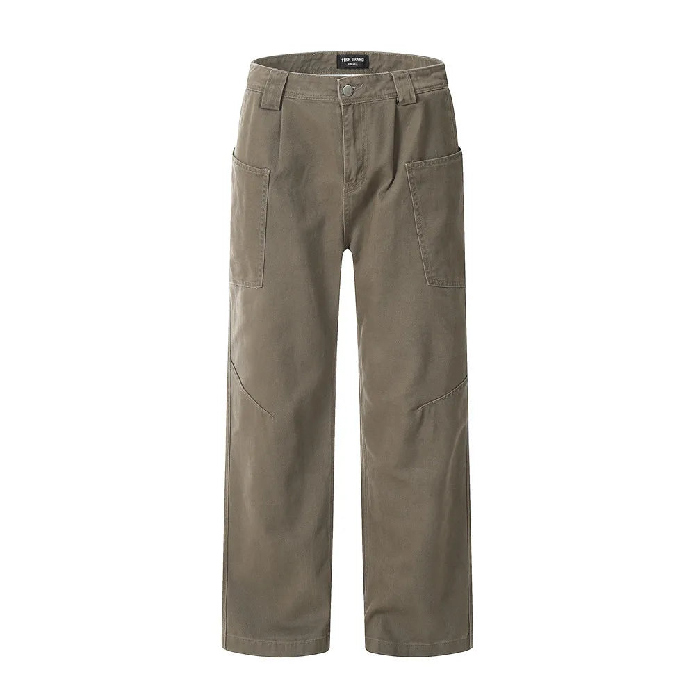 Wholesale Solid Blank Mid Rise Cotton Casual Regular Straight Washed Breathable Woven Wide Leg Jean Cargo Pants Men