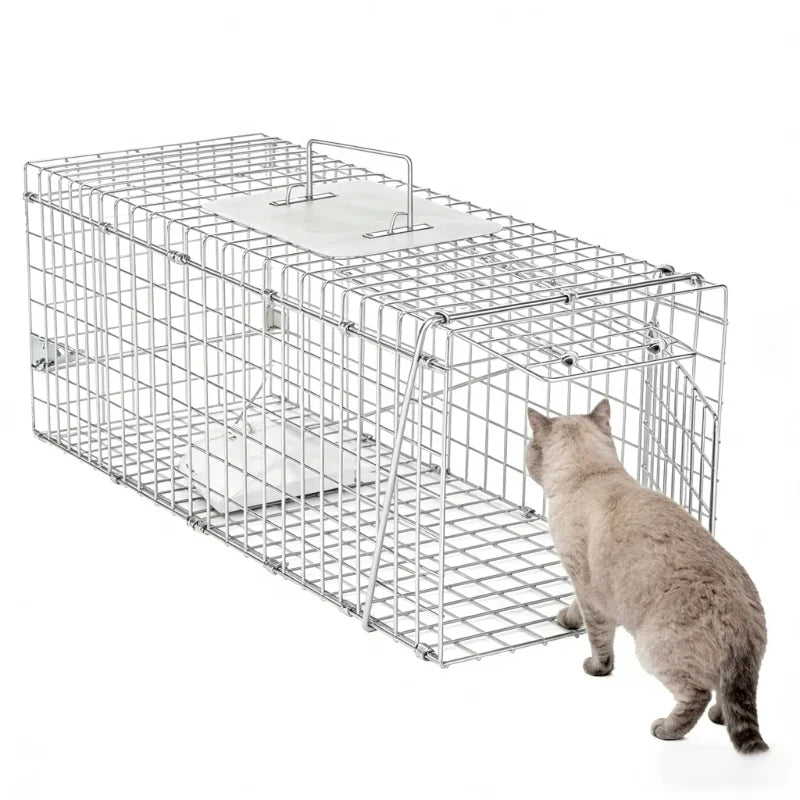 Durable 65*26*24cm Portable Humane Cat Rescue Trap Cage Collapsible Catch Cage Trap for Outdoor Cats Dogs & Rabbits