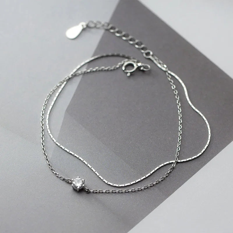 Genuine 925 Sterling Silver CZ Zircon Double Layer Chian Bracelet Fine Jewelry Wholesale