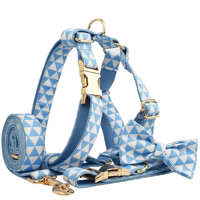 Geometric Pattern Dog H Harness Set Baby Blue Triangle Print Nylon Webbing Strap No Pull Fashion Adjustable Washable