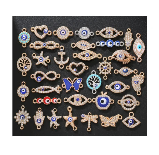 Mix Metal Rhinestone Gem Evil Blue Eye Charms Handmade Necklace Bracelet Pendants DIY Craft Jewelry Making Accessories
