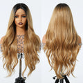Japanese Future Fiber Black Hair Root Yellow Blonde Dark Brown Lace Front Wig Long Wave Lace Synthetic Wig Heat Resistant Women