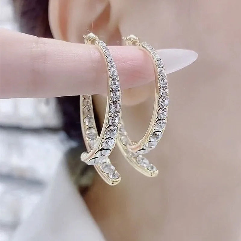 Korean Designer Silver Color Huggie Earrings Shinny Crystal Cross for Women for Wedding Party Engagement Mainly Made of Alloy