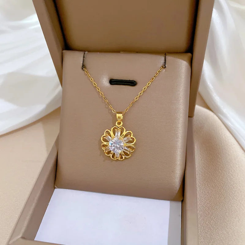 Light Luxury Titanium Steel Full Diamond Hollow Flower Crystal Pendant Necklace Choker for Women Stainless Steel Jewelry Charm