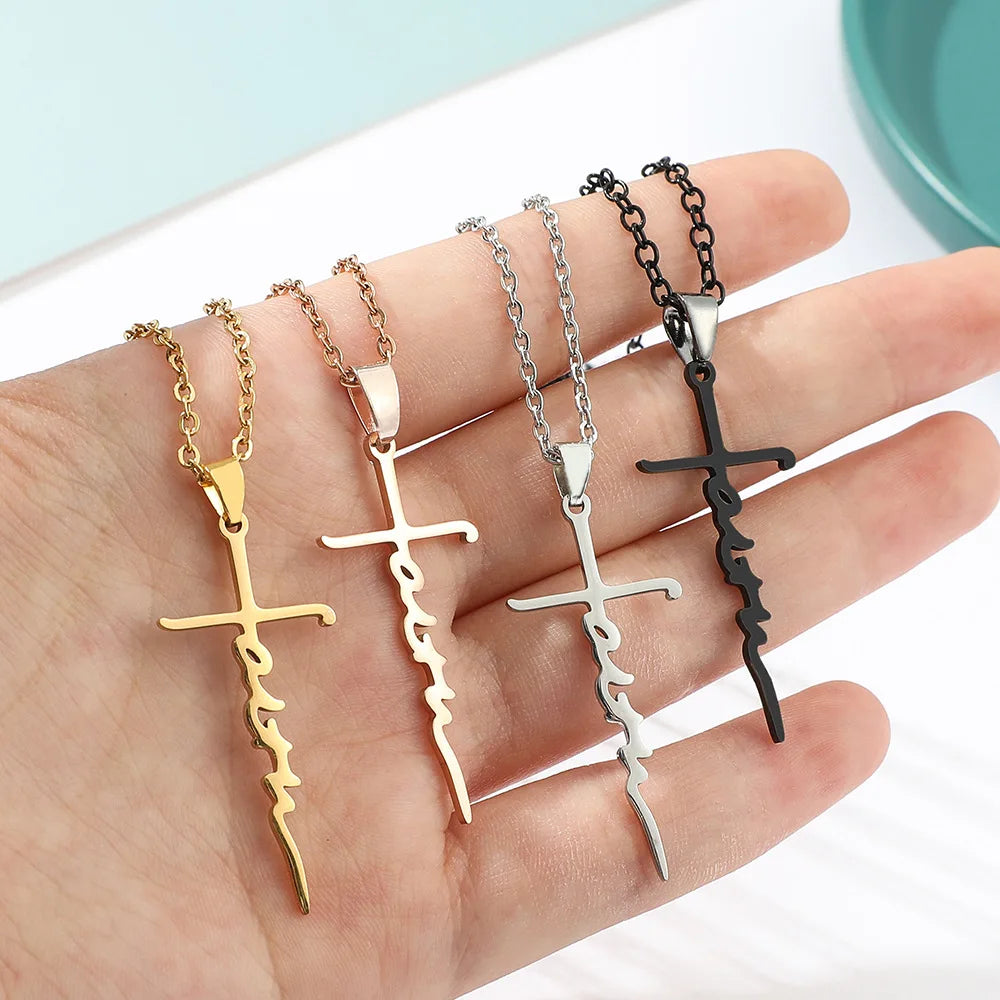 Wholesale Non Tarnish Christian Jewelry Religious Gift Inspirational Rose 18k Gold 316L Stainless Steel Faith Cross Necklace