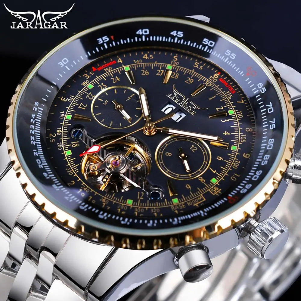 Jaragar 2023 Flying Series Golden Bezel Scale Dial Design Stainless Steel Mens Watch Top Brand Luxury Automatic Mechanical