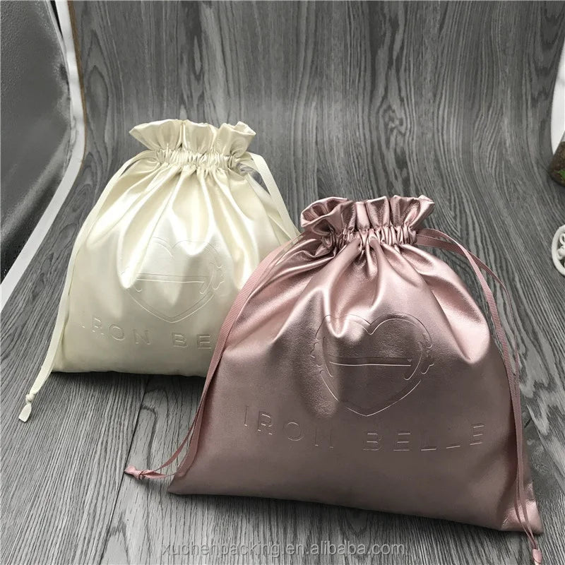 Custom Embossed Logo Luxury Shiny Cream Leather Drawstring Jewelry Gift PU Pouch Packaging Bag