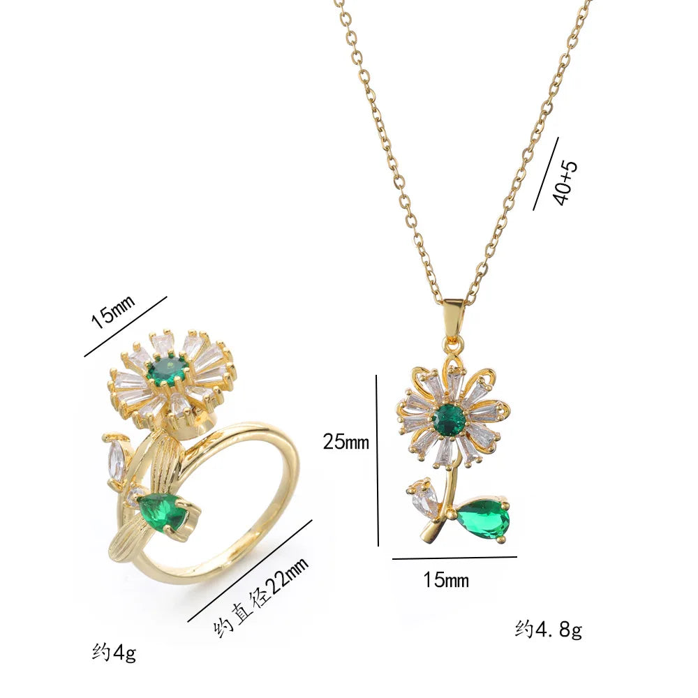 Stainless Steel Jewelry Set Non Fade Rotating Zircon Daisy Flower Pendant Elegant Gold Plated Necklace Jewelry for Women Girls