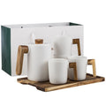 Modern Men's and Women's Ceramic Tea Set Handle and 4 Tea Cups on Glass Wooden Tray for Table Top Decoration