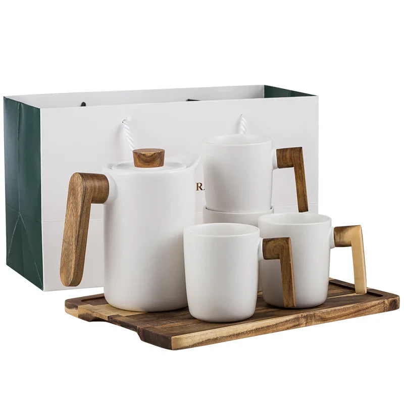 Modern Men's and Women's Ceramic Tea Set Handle and 4 Tea Cups on Glass Wooden Tray for Table Top Decoration