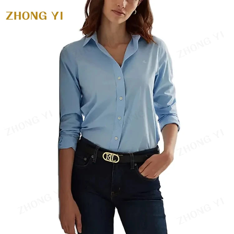 Clothing Factory Wholesale Custom 100% Polyester Simple and Fashionable Woman Blue Stand Collar Lapel Long Sleeve Women Shirt
