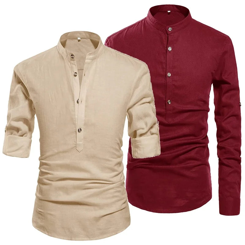 Mens Indian Polyester Casual Shirts Cotton Linen Kaftan Tunic African Caftan Beachwear Yoga Tops Henley Shirt