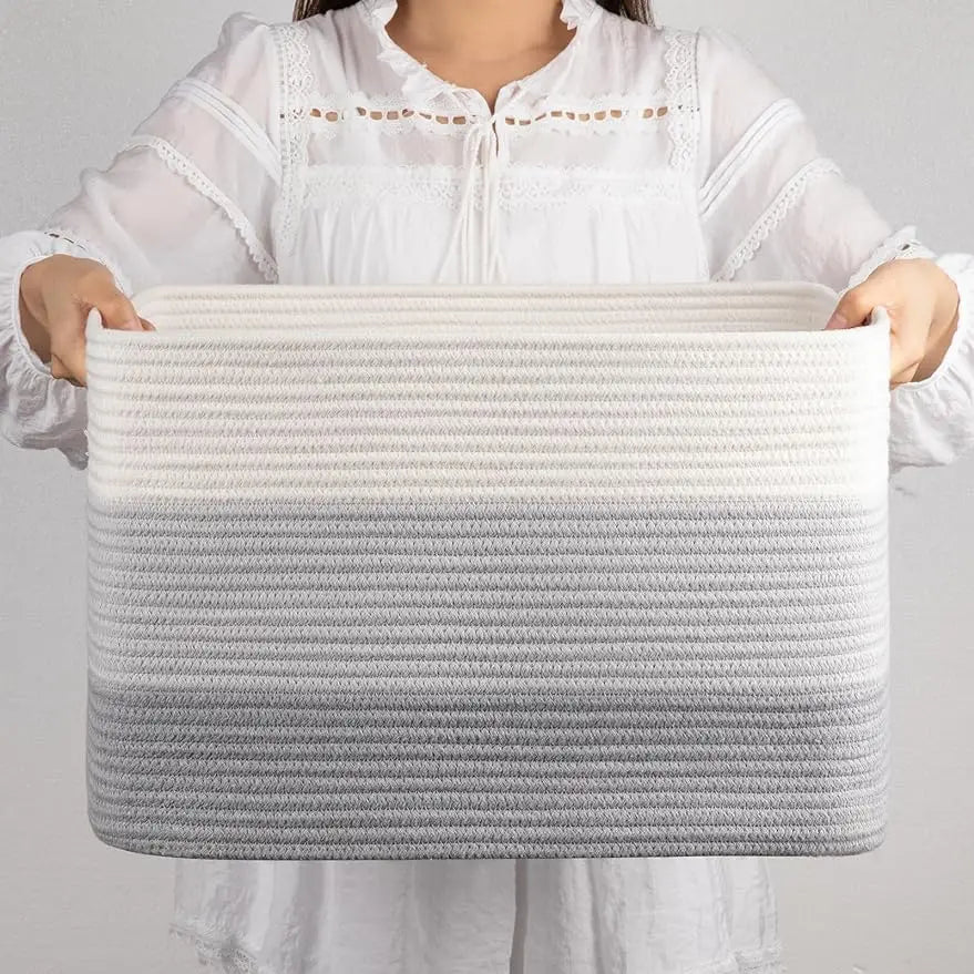 45*35*30cm Handmade Laundry Hampers Large Folding Grey Cotton Rope Storage Basket With Handles