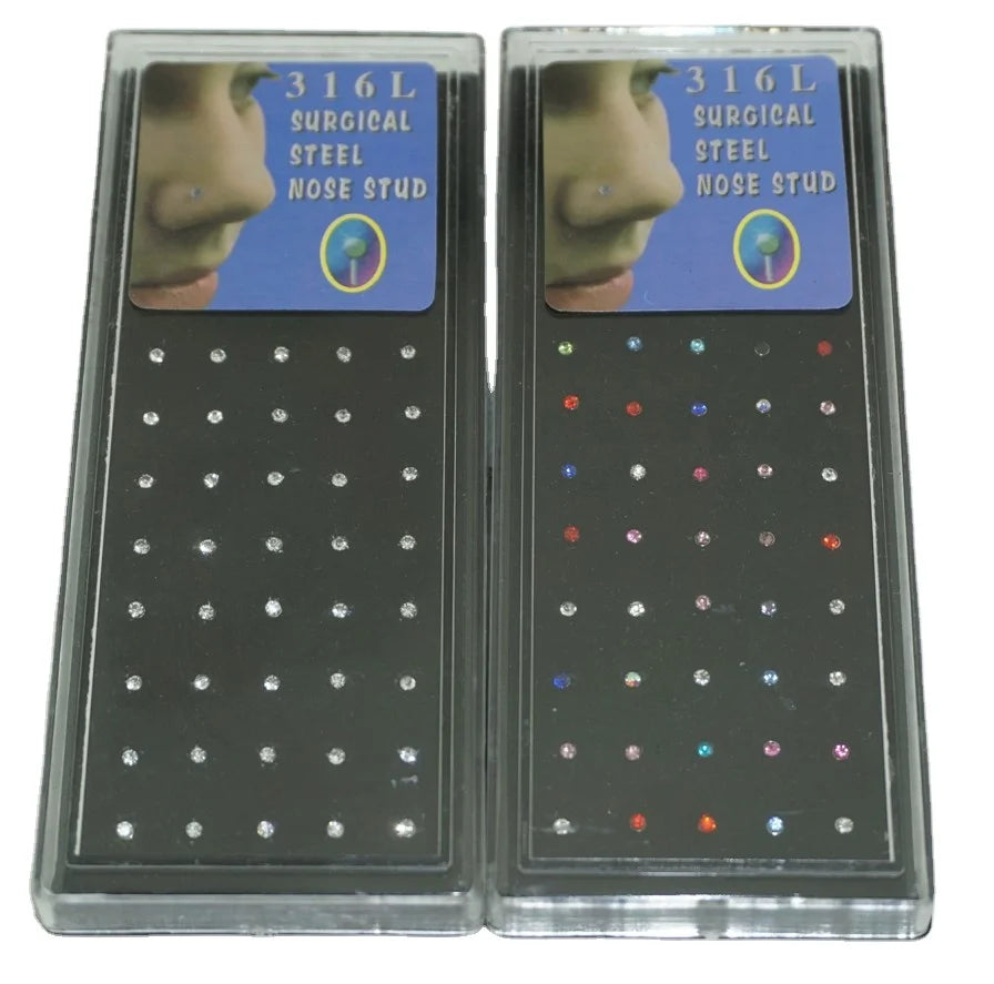 POENNIS 60pcs 1.8mm 316L Stainless Steel Silver Plated Zircon Nose Studs Rings Body Piercing Jewelry for Wedding Engagement Gift