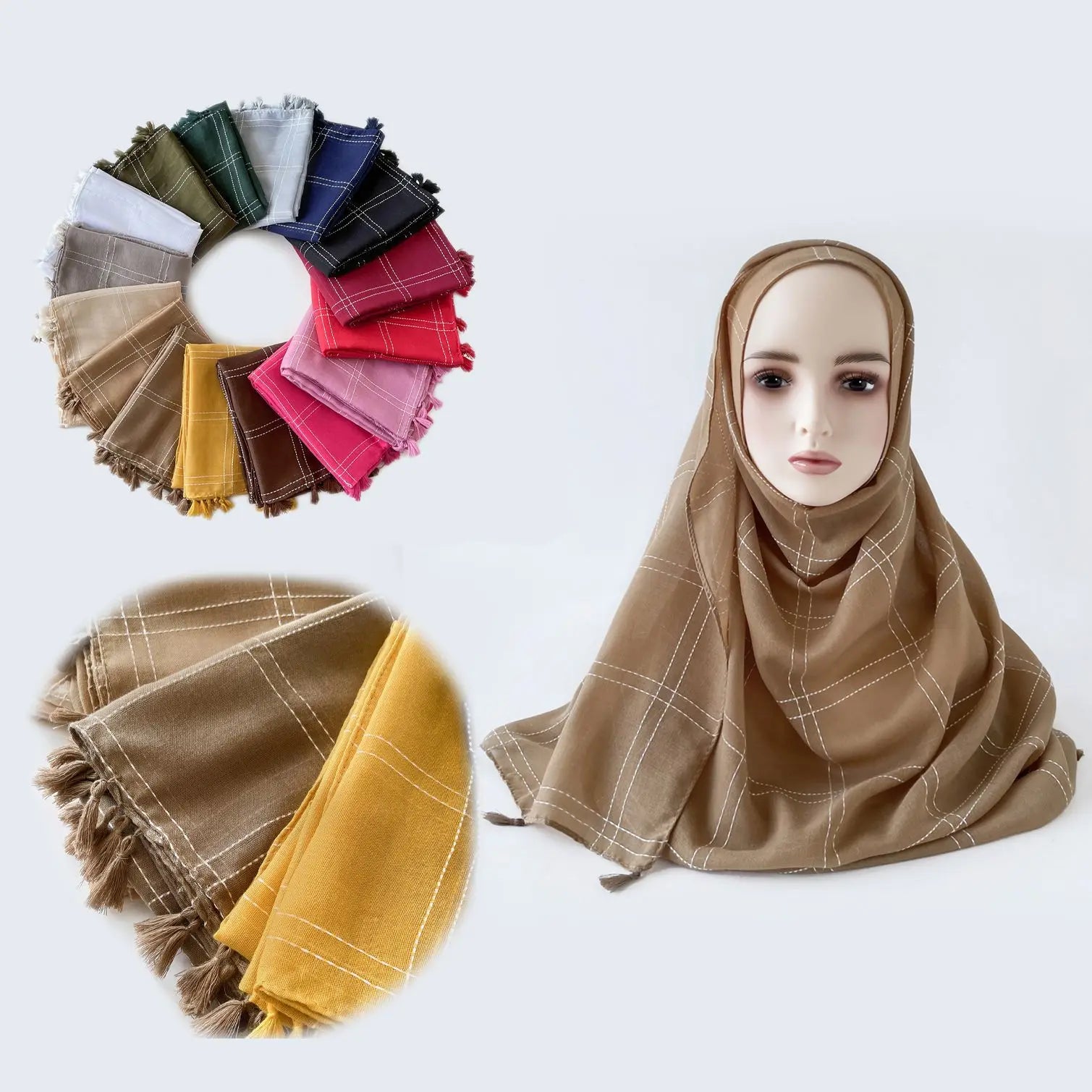 Wholesale Light Breathable Polyester Hijab Solid Color Striped Long Female Scarf for Adults Traditional Scarves & Shawls