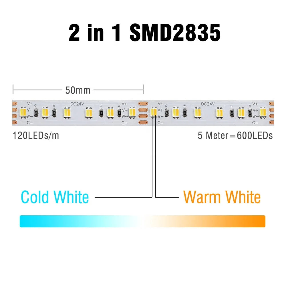 Flex LED Ribbon Tunable Dual White LED Strip 12V 24V Adjustable Bi-color SMD5050 SMD2835 2 in 1 CCT LED Strip 2700K+6500K