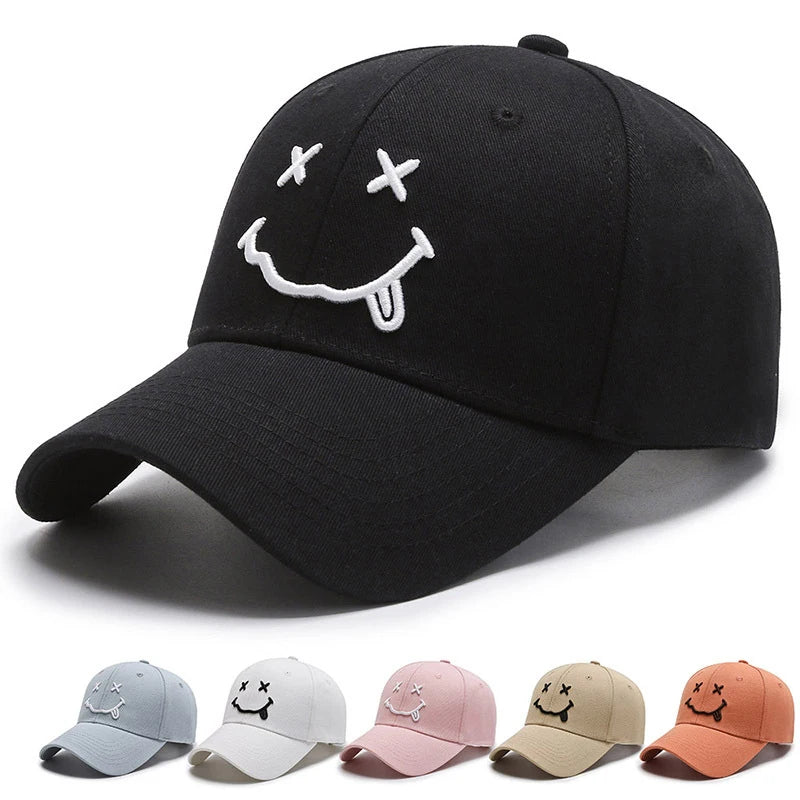 Wholesale Customizable 6-Panel Cotton Baseball Cap Popular Embroidered Smiling Face Design Sporty Outdoor Style Business