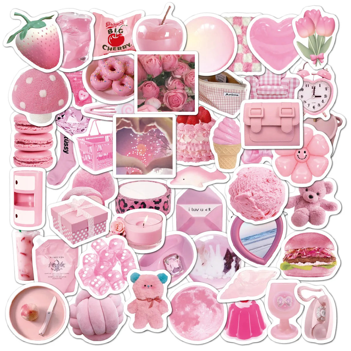 52pcs/set Kids Waterproof Pink Matte Cartoon Cute Laptop Decorative Label Stickers Vinyl Die Cut Sticker Pack for Girls