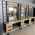 Wooden Barber Station Mirror Hair Salon Styling Station and Shampoo