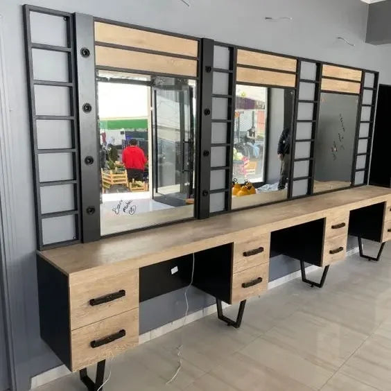 Wooden Barber Station Mirror Hair Salon Styling Station and Shampoo