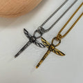 Hip Hop 18k Gold Plated Dragonfly Pendant Stainless Steel Casting Necklace Cross of Life Ankh Pendant for Men Protective Amulet