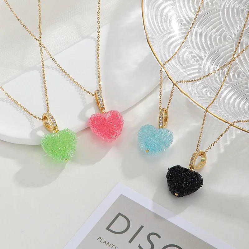 Copper Chain Crystal Rhinestone Heart Pendant Necklace Multi Color Black Green Light Blue Pink Heart Necklace