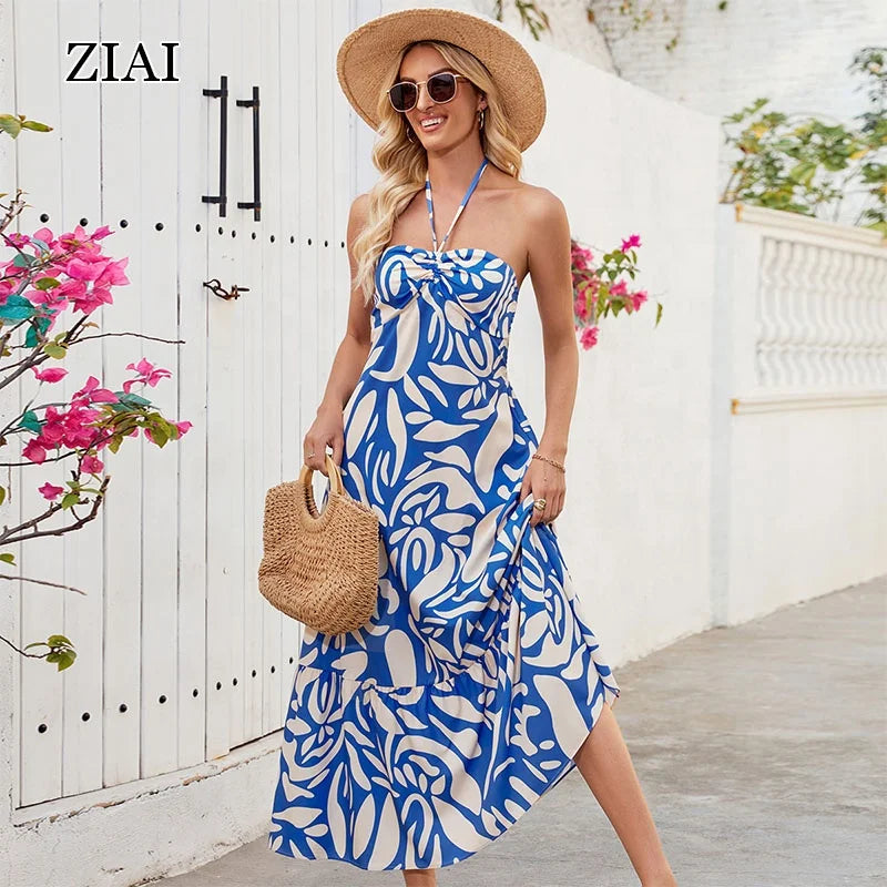 Stylish Summer Blue Halter-Neck Off-the-Shoulder Sleeveless Long Women Dress