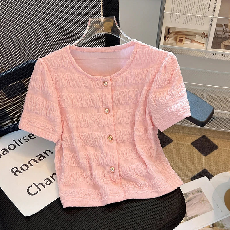 Boutique Wholesale 2025 Summer New Fashionable Round Neck Bubble Sleeve Casual Women's Shirt