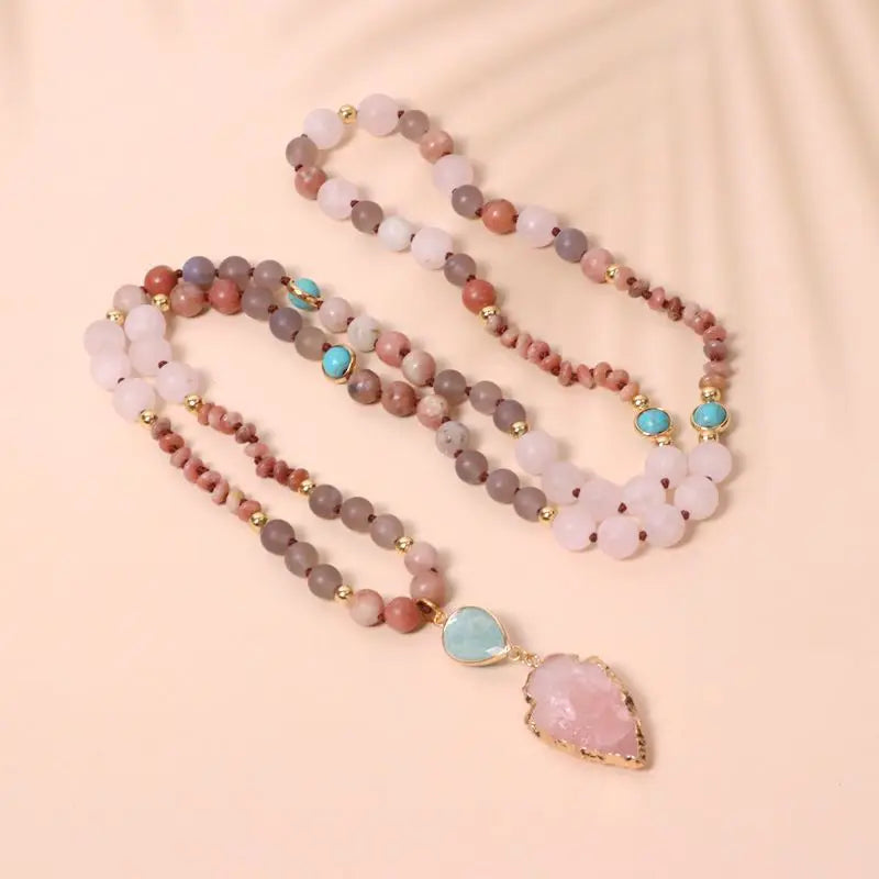 Bohemian Stone  Mala Necklace for Wedding Gift Handwoven Healing Crystal Rose Quartz Arrowhead Pendant Necklace for Women