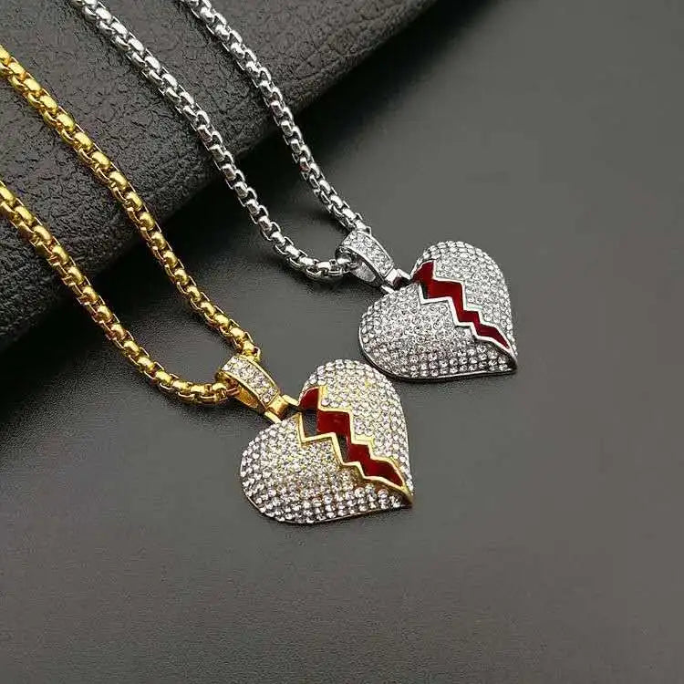 Best Selling Stainless Steel Silver Jewelry Painted Full Diamond Broken Heart Pendant Necklace