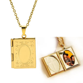 2024 Librarian Stainless Steel Bohemian Necklace Vintage Delicate Imitation Book Locket Secret Hiding Place Photo Buddhism Party