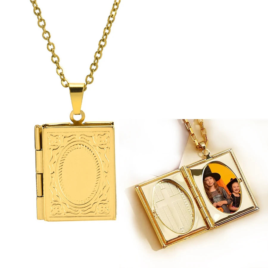 2024 Librarian Stainless Steel Bohemian Necklace Vintage Delicate Imitation Book Locket Secret Hiding Place Photo Buddhism Party